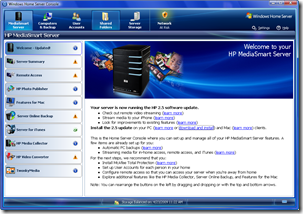 HP MediaSmart Server DashBoard 2.5 Welcome Screen