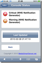 WHS Health 1.0.0.10 Console Status