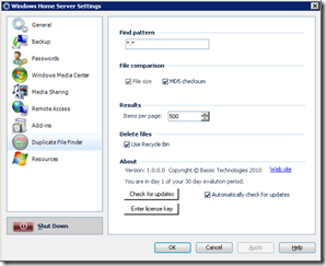 WHS Duplicate File Finder 1.0.1.0 Settings