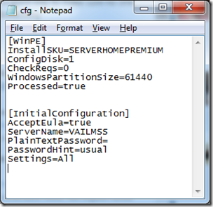 CFG INI File for WHS2011 Unattended Install