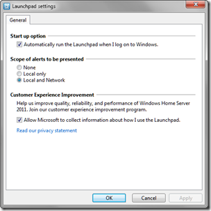 WHS 2011 Launchpad Settings