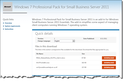 Windows 7 Professional Pack for Small Business Server 2011 Download Page