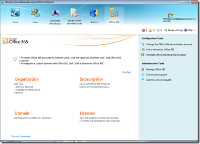 Office 365 in SBS 2011 Essentials