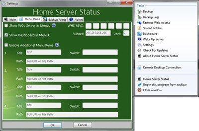 Home Server Status -Settings - Menu Items