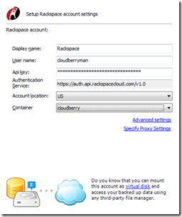 CloudBerry Backup 2.7 - Rackspace Account settings