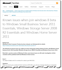 Known Issues Joining Windows 8 Beta to WHS 2011 Wiki