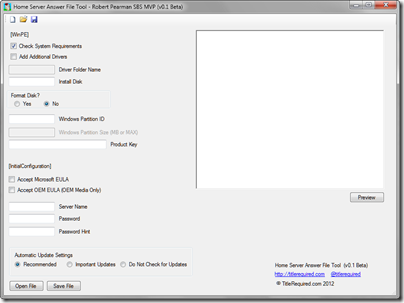 WHS 2011 Answer File Tool 0.1 Beta