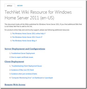 TechNet Wiki Resource Homepage for WHS 2011