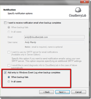 CloudBerry Backup Event Log