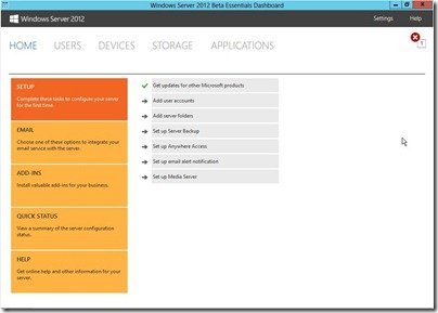 Windows Server 2012 Essentials Beta DashBoard Home Tab