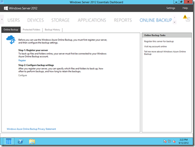 Windows Azure Online Backup Tab