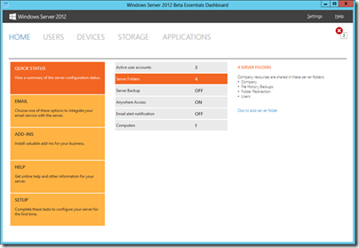 Dashboard Home Page in WS2012 Essentials