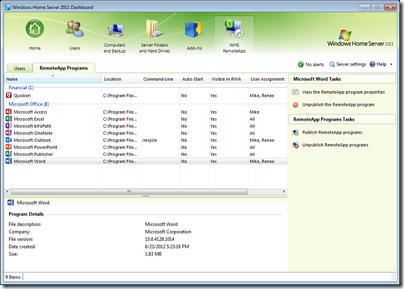WHS RemoteApp 2011 - RemoteApp Programs Tab