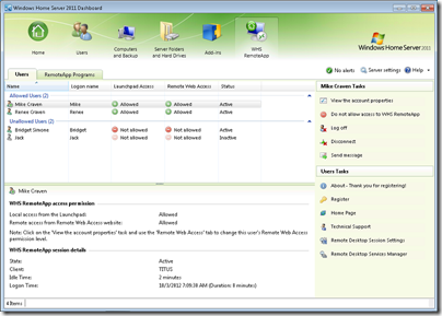 WHS RemoteApp 2011 - Users Tab