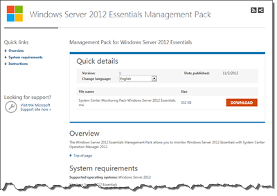Windows Server 2012 Essentials Management Pack Download Page