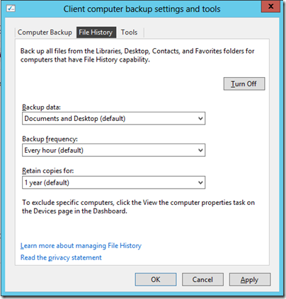 File History Configeration in WS2012e