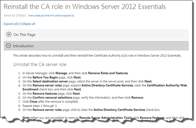 Reinstall the CA role in WS2012e