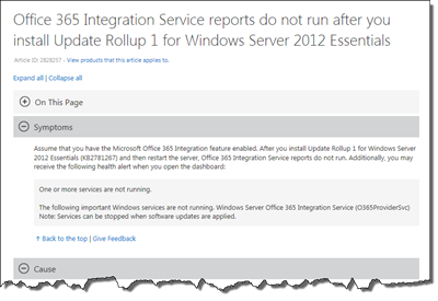Office 365 Integration Service reports do not run after you install UR1 for WS2012 Essentials