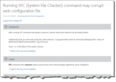 Running SFC (System File Checker) command may corrupt web configuration file 