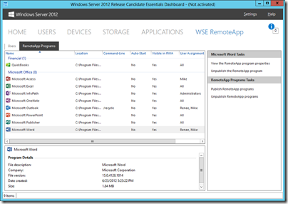 WSE RemoteApp 2012 Dashboard Programs Tab