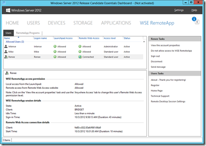 WSE RemoteApp 2012 Dashboard Users Tab