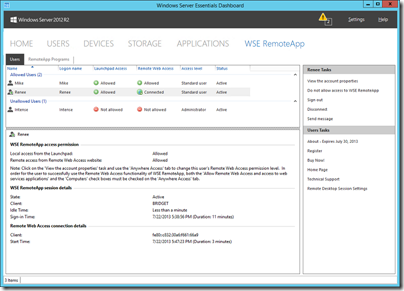 WSE RemoteApp 2012 R2 Dashboard Users