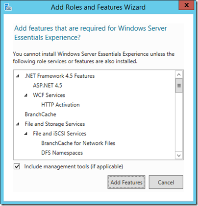 Add Roles and Features Wizard in WS2012 Essentials