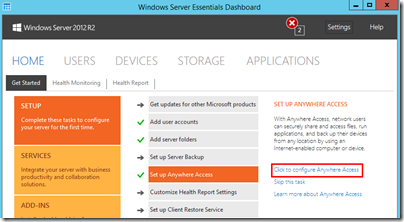 WS2012 R2 Essentials Home Tab - Configure Anywhere Access