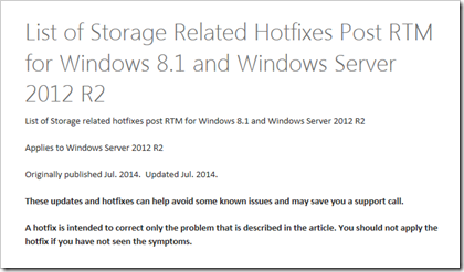 Storage Related Hotfixes Post RTM for WS2012 R2