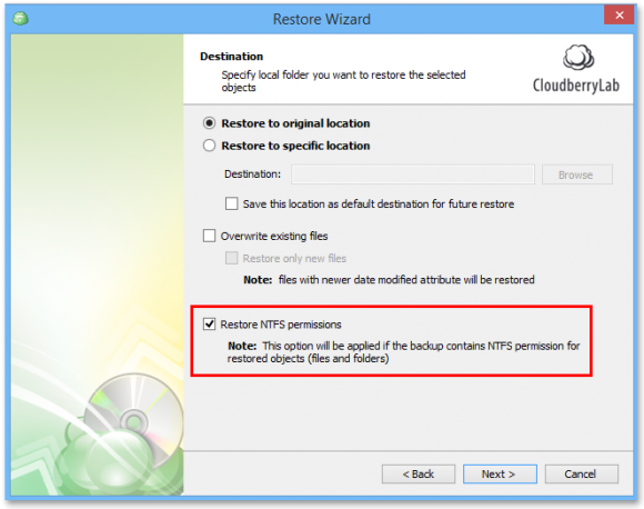 cloudberry backup restore ntfs permissions