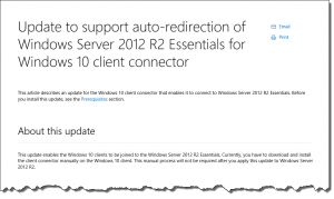 Update to support auto-redirection of Windows Server 2012 R2 Essentials for Windows 10 client connector