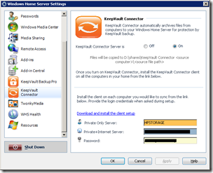 KeepVault Connector WHS Settings