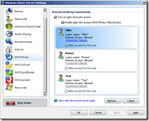 WHS Money User Settings