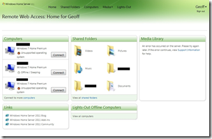 Media Library via Remote Web Access Error Message