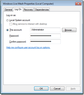 Windows Live Mesh Services Log On Tab
