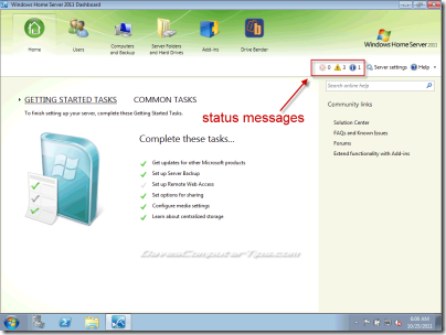 WHS 2011 Dashboard Status Messages