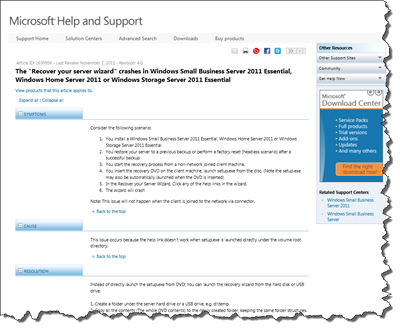 The Recover your server wizard crashes in WHS 2011
