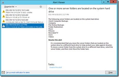 alerts in WS2012e