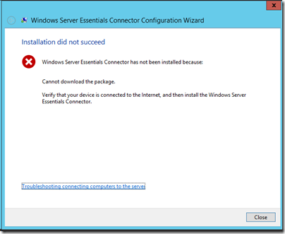 WS2012e Connector Error Message